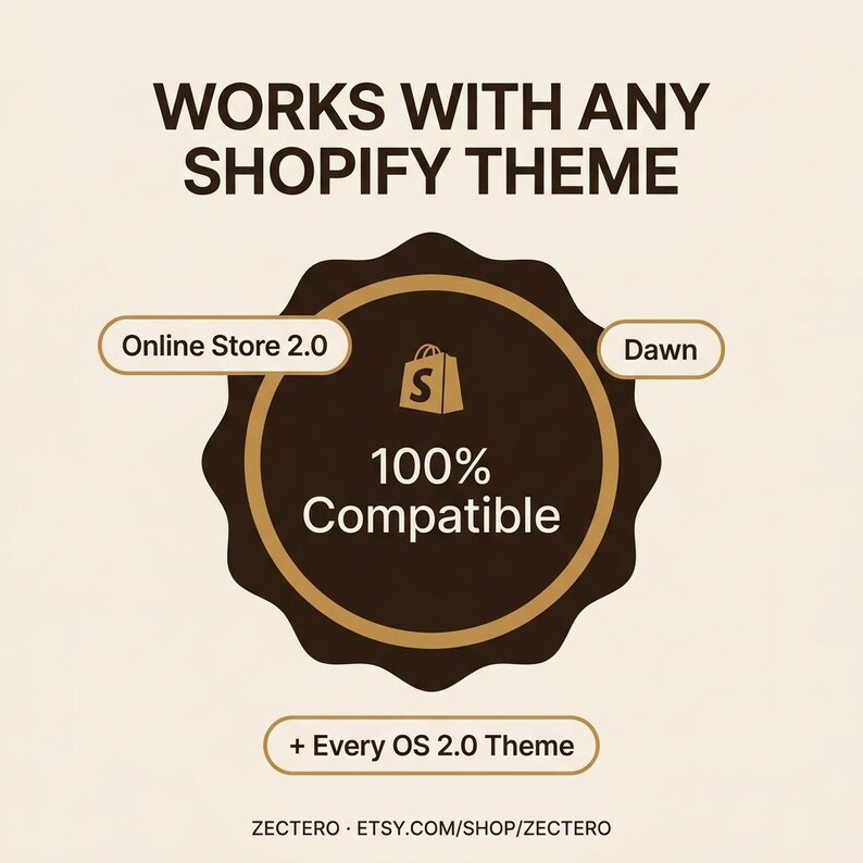 May include: A dark brown circular badge with a scalloped edge featuring the text WORKS WITH ANY SHOPIFY THEME, Online Store 2.0, Dawn, 100% Compatible, and + Every OS 2.0 Theme. The Shopify logo is centered within the badge on a light background.