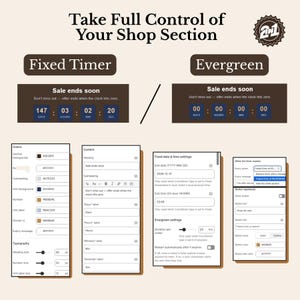 May include: A digital interface graphic titled Take Full Control of Your Shop Section, featuring a 2-in-1 badge, Fixed Timer and Evergreen countdown displays, and four columns of configuration settings for colors, content, date, and button options.