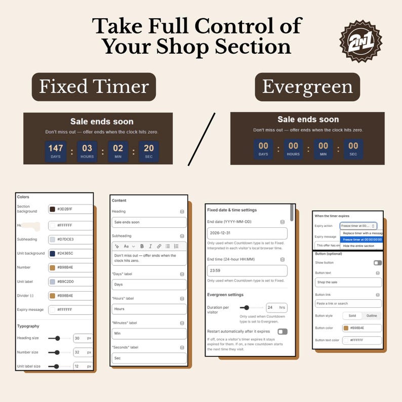 May include: A digital interface graphic titled Take Full Control of Your Shop Section, featuring a 2-in-1 badge, Fixed Timer and Evergreen countdown displays, and four columns of configuration settings for colors, content, date, and button options.