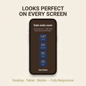 May include: A smartphone screen displays a countdown timer with the text Sale ends soon, Don't miss out - offer ends when the clock hits zero, 147 DAYS, 03 HOURS, 02 MIN, 20 SEC, and ZECTERO. Above the phone is LOOKS PERFECT ON EVERY SCREEN.