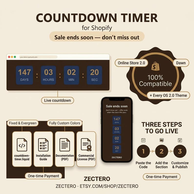 May include: A digital countdown timer for Shopify featuring a live display, mobile preview, and compatibility with Online Store 2.0 themes. Includes installation files, documentation, and a commercial license. Text includes ZECTERO and three steps to go live.