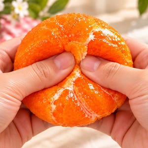 May include: A bright orange citrus fruit with a textured, bumpy peel being squeezed. The fruit shows a vibrant orange color with visible white pith along the segments where the peel is slightly separated, revealing the juicy, pulpy texture inside.