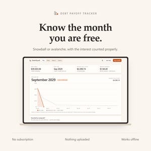 May include: A digital debt payoff tracker interface displayed on a screen. The dashboard shows financial data including total debt of $39,503.58, a debt-free date of September 2029, and a line graph illustrating the projected reduction of debt over time.