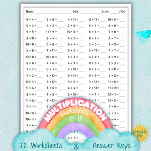 Könnte beinhalten: Ein weißes Arbeitsblatt für Multiplikation mit fünf Spalten von Matheaufgaben von 0 bis 12. Oben befinden sich Felder für Name, Datum und Punktzahl von 100. Eine bunte Aquarell-Regenbogen-Grafik überlagert den unteren Teil mit dem Text Multiplication.