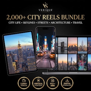 May include: A digital product bundle titled 2,000+ CITY REELS BUNDLE by Verique Studio, featuring a tablet, smartphone, and laptop displaying various cityscapes, skylines, and street scenes, with four gold circular icons indicating digital download.