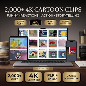 May include: A digital product display featuring a laptop, tablet, and smartphone showing Tom and Jerry cartoon clips. Text reads 2,000+ 4K CARTOON CLIPS, FUNNY, REACTIONS, ACTION, STORYTELLING, 4K ULTRA HD, PLR + MRR, DIGITAL DOWNLOAD, and VERIQUE STUDIO.