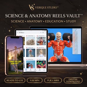 May include: A digital product display featuring a smartphone, tablet, and laptop showing the Science & Anatomy Reels Vault. The screens display anatomical 3D models, including a skeleton doing pull-ups with the text THINK YOU CAN JOIN FBI.