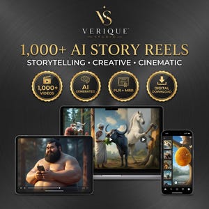 Peut inclure: Un affichage de produit numérique avec le texte 1,000+ AI STORY REELS, STORYTELLING, CREATIVE, CINEMATIC et VERIQUE STUDIO. Quatre badges circulaires dorés mettent en avant 1,000+ VIDEOS, AI GENERATED, PLR + MRR et DIGITAL DOWNLOAD sur fond sombre.