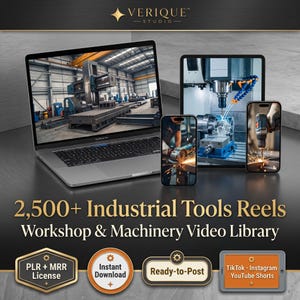 Puede incluir: Un portátil, una tableta y dos teléfonos inteligentes mostrando vídeos de maquinaria industrial. El texto dice: 2,500+ Industrial Tools Reels Workshop & Machinery Video Library, PLR + MRR License, Instant Download, Ready-to-Post, TikTok - Instagram YouTube Shorts.
