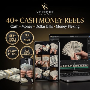 May include: A digital product listing for 40+ Cash Money Reels featuring text overlays including Cash, Money, Dollar Bills, and Money Flexing. The image displays a smartphone and tablet showing video clips of US dollar bills and a laptop editing screen.