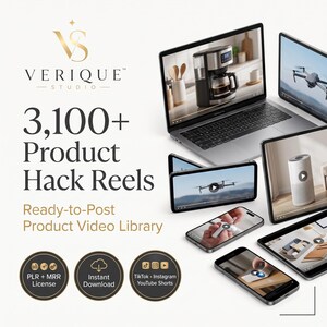 May include: A digital collection of 3,100+ product hack reels from Verique Studio, displayed on multiple laptops, tablets, and smartphones. The screens show various product videos, including a coffee maker, drones, and tech accessories.