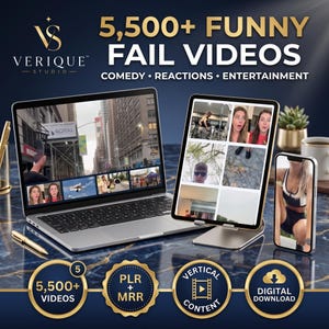 May include: A laptop, tablet, and smartphone displaying a collection of 5,500+ funny fail videos. The screen text reads 5,500+ FUNNY FAIL VIDEOS, COMEDY, REACTIONS, ENTERTAINMENT, PLR + MRR, VERTICAL CONTENT, and DIGITAL DOWNLOAD with the Verique Studio logo.