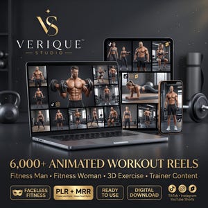 May include: A laptop, tablet, and smartphone displaying a grid of fitness videos featuring individuals exercising. The text reads 6,000+ ANIMATED WORKOUT REELS, Fitness Man, Fitness Woman, 3D Exercise, Trainer Content, FACELESS FITNESS, PLR + MRR, READY TO USE, DIGITAL DOWNLOAD.