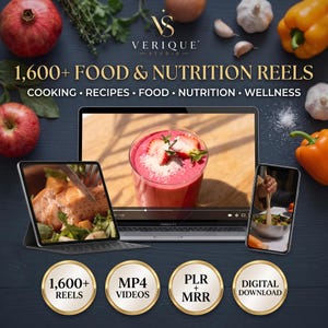 May include: A digital product display featuring a laptop, tablet, and smartphone showing food videos. Text reads 1,600+ FOOD & NUTRITION REELS, COOKING, RECIPES, FOOD, NUTRITION, WELLNESS, 1,600+ REELS, MP4 VIDEOS, PLR + MRR, and DIGITAL DOWNLOAD.