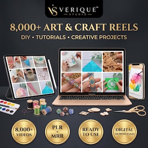 Op de afbeelding: Een digitaal productpakket met meer dan 8.000 kunst- en knutselvideo's, doe-het-zelf-tutorials en creatieve projecten. De afbeelding toont een tablet, laptop en smartphone met video-inhoud, naast naaigaren, kralen en een goudkleurige schaar.