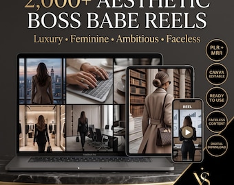 May include: A digital product display featuring a laptop, tablet, and smartphone showing aesthetic video content. Text reads 2,000+ AESTHETIC BOSS BABE REELS, Luxury, Feminine, Ambitious, Faceless, PLR + MRR, CANVA EDITABLE, READY TO USE, and DIGITAL DOWNLOAD.