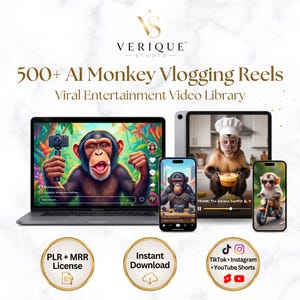 May include: A digital product display featuring 500+ AI Monkey Vlogging Reels by Verique Studio. The image shows a laptop, tablet, and two smartphones displaying various monkey-themed videos, with gold circular badges for PLR + MRR License, Instant Download, and social media platform icons.