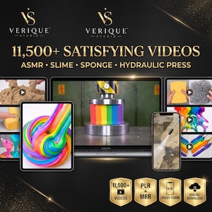 May include: A digital collection of 11,500+ satisfying videos from Verique Studio, featuring ASMR, slime, sponge, and hydraulic press content. The display shows a laptop and tablet screen with colorful rainbow slime and various video thumbnails.