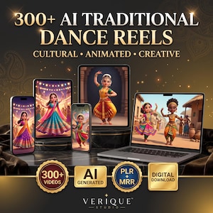 May include: A digital product display featuring 300+ AI TRADITIONAL DANCE REELS, CULTURAL, ANIMATED, CREATIVE. The image shows a laptop, tablets, and smartphones displaying animated dancers in traditional attire, with gold badges labeled 300+ VIDEOS, AI GENERATED, PLR + MRR, and DIGITAL DOWNLOAD.