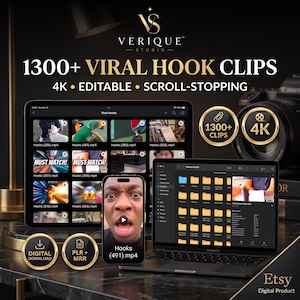 May include: A digital product display featuring 1300+ Viral Hook Clips in 4K resolution. The image shows a tablet, a smartphone, and a laptop screen displaying video file folders and thumbnails, with gold circular badges indicating digital download and PLR+MRR.