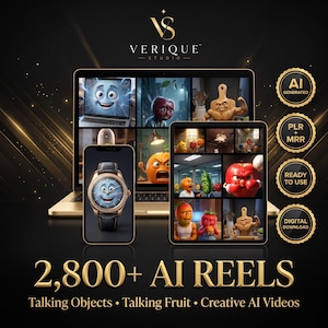 May include: A digital product display featuring a laptop, tablet, and smartphone showing animated characters, including talking fruit and objects. Gold circular badges state AI GENERATED, PLR + MRR, READY TO USE, and DIGITAL DOWNLOAD. Text reads 2,800+ AI REELS.