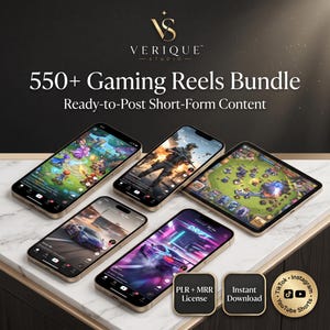 Könnte beinhalten: Ein digitales Produktpaket mit dem Titel 550+ Gaming Reels Bundle Ready-to-Post Short-Form Content von Verique Studio. Das Bild zeigt fünf Smartphones und Tablets mit verschiedenen Spielvideos sowie Abzeichen für PLR + MRR License, Instant Download und Kompatibilität mit TikTok, Instagram und YouTube Shorts.