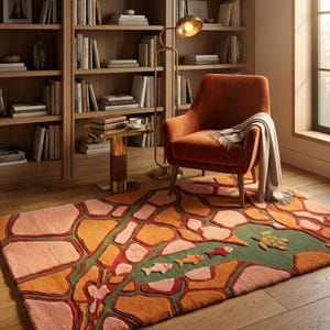 Puede incluir: Una alfombra rectangular con un patrón de mosaico multicolor de formas irregulares en tonos rosa, naranja y verde. El diseño incluye pequeños apliques de tela en relieve de tres peces y una tortuga marina sobre una sección verde.