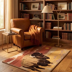 May include: A rectangular area rug featuring a textured, tufted illustration of a brown bison resting in a desert landscape with a yellow sun, orange hills, and purple floral accents against a tan background with a finished bound edge.