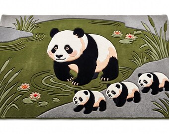 Panda Nursery Rug, Hand Tufted Animal Carpet, Green Pond Panda Family Floor Decor, Woodland Baby Room Rug, Custom Kids Area Rug