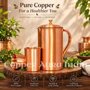 Set med vattenkanna och muggar i ren koppar | Ayurvedisk dryckeskärl (1500 ml)
