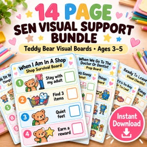 Puede incluir: Un paquete de 14 páginas de apoyo visual SEN con tableros de ositos de peluche para edades de 3 a 5 años. Los tableros incluyen títulos como When I Am In A Shop, When We Go To The Doctor Or Dentist y Ready To Leave, con ilustraciones.