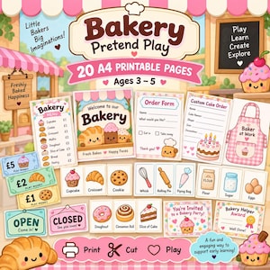 May include: A set of 20 A4 printable pages for a bakery pretend play activity. The collection includes a menu, order forms, play money, signs, and illustrated cards featuring baked goods like cupcakes, croissants, and cookies with cute faces.