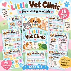 Puede incluir: Un set imprimible de 15 páginas de Little Vet Clinic para juegos de rol, con ilustraciones coloridas de un cachorro, gatito, conejo, cobaya y tortuga. Incluye insignias, hojas de examen, formularios de registro y recetas.