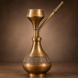 May include: A brass hookah with a bulbous base featuring an embossed floral pattern around the lower section. The vessel has a tall, slender neck topped with a wide, funnel-shaped bowl and a single angled metal pipe extending from the side.