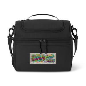 Kühltasche mit psychedelischem, handgeschriebenem Zitat | Isolierte Lunchtasche mit buntem Doodle-Patch