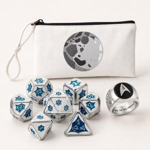 Celestial Forge Metal DND Dice Set with Ring & Pouch, Blue Silver Polyhedral RPG Dice