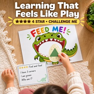 Puede incluir: Un juego educativo con una ilustración de un dinosaurio verde y el texto FEED ME! junto a una tarjeta con el texto Find and feed, I have 3 corners, I am green, Who am I? Una mano sostiene una tarjeta con forma de huevo y un triángulo verde.