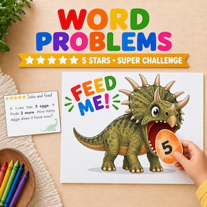 Set 3 - 5 Star | Maths Worded Problems | Addition Subtraction & Sharing Problems | Kindergarten Math Problem Solving | Dinosaur Maths Game