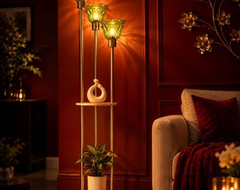 Mid Century Modern Floor Lamp with Shelves, Gold 3 Light Flower Standing Lamp with Green Glass Shades, 2 Tier Table Lamp for Living Room
