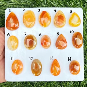 May include: A collection of fourteen polished, smooth, cabochon-cut gemstones in shades of orange, yellow, and amber. The stones are arranged on a white rectangular display card, each labeled with a black number from one to fourteen.