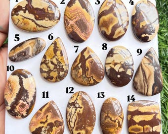 Puede incluir: Una colección de catorce cabujones pulidos con patrones en tonos marrón y beige, dispuestos sobre una base blanca y numerados del uno al catorce. Cada piedra presenta variaciones de color terroso únicas con un acabado liso y brillante.