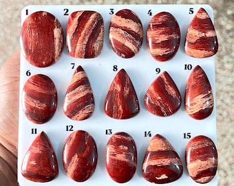 Puede incluir: Una colección de quince cabujones de jaspe pulido de color rojo y crema dispuestos sobre un tablero blanco. Cada piedra presenta patrones de remolinos únicos y está numerada del uno al quince en texto negro sobre las piezas.