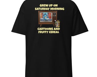 Retro-T-Shirt mit Motiven aus den Samstagmorgen-Cartoons der 80er und 90er Jahre und Frühstücksflockenmotiven
