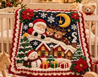 May include: A rectangular crochet blanket featuring a dark blue night sky with a yellow crescent moon, white snowflakes, and stars. The scene depicts a sleeping Santa Claus and two reindeer, a snowy village with lit houses, a snowman, and trees.