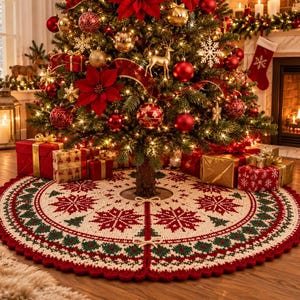Può includere: Una gonna per albero di Natale rotonda all'uncinetto con base color crema e un motivo geometrico e a fiocchi di neve rosso e verde di ispirazione nordica. Il bordo è rifinito con una bordura smerlata rossa e due piccoli laccetti frontali.