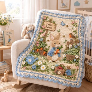 Puede incluir: Una manta de ganchillo color crema con una escena en 3D de Peter Rabbit que incluye un jardín, zanahorias, una regadera azul, una cesta de fresas y un letrero que dice Peter Rabbit. La manta tiene un borde festoneado azul claro con flores.