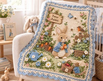 May include: A cream-colored crochet blanket featuring a 3D Peter Rabbit scene with a garden, carrots, a blue watering can, a basket of strawberries, and a sign that reads Peter Rabbit. The blanket has a scalloped light blue border with floral accents.