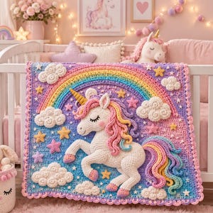 May include: A rectangular crochet blanket featuring a central white unicorn with a gold horn and a multi-colored mane. The background is a gradient of blue and purple, decorated with a large rainbow, white textured clouds, and small yellow and pink stars.