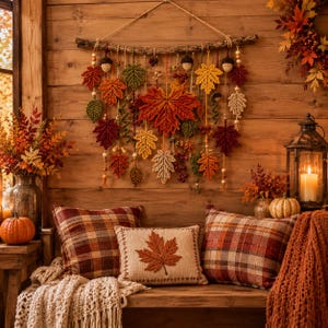 Puede incluir: Un tapiz de pared con hojas de otoño tejidas a ganchillo en tonos rojo, naranja, amarillo y verde, suspendidas de una rama de madera con pequeñas bellotas tejidas, cuentas de madera y bayas, sobre cojines de cuadros y una manta de punto.