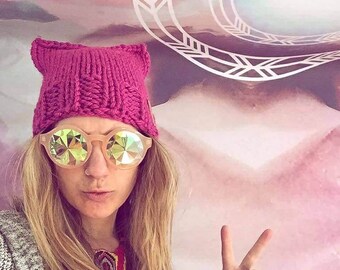 Pink Pussy Hat, Woman's Cat hat,Woman's Pink Pussy Hat,  Knit Winter Hats, Project Pussy Cat, International Woman's Day